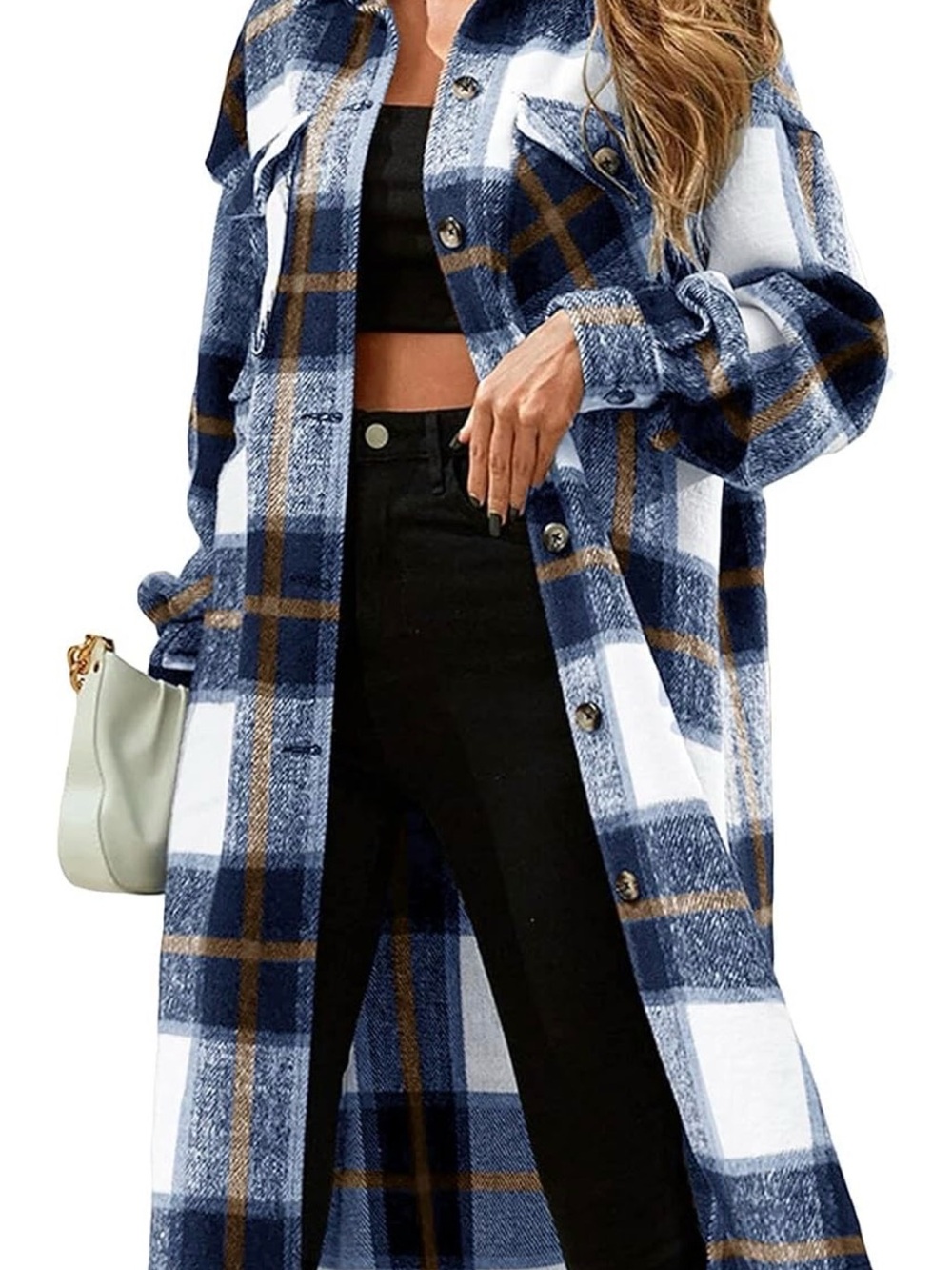 Long Plaid Shacket Coat - Blue, White & Brown
